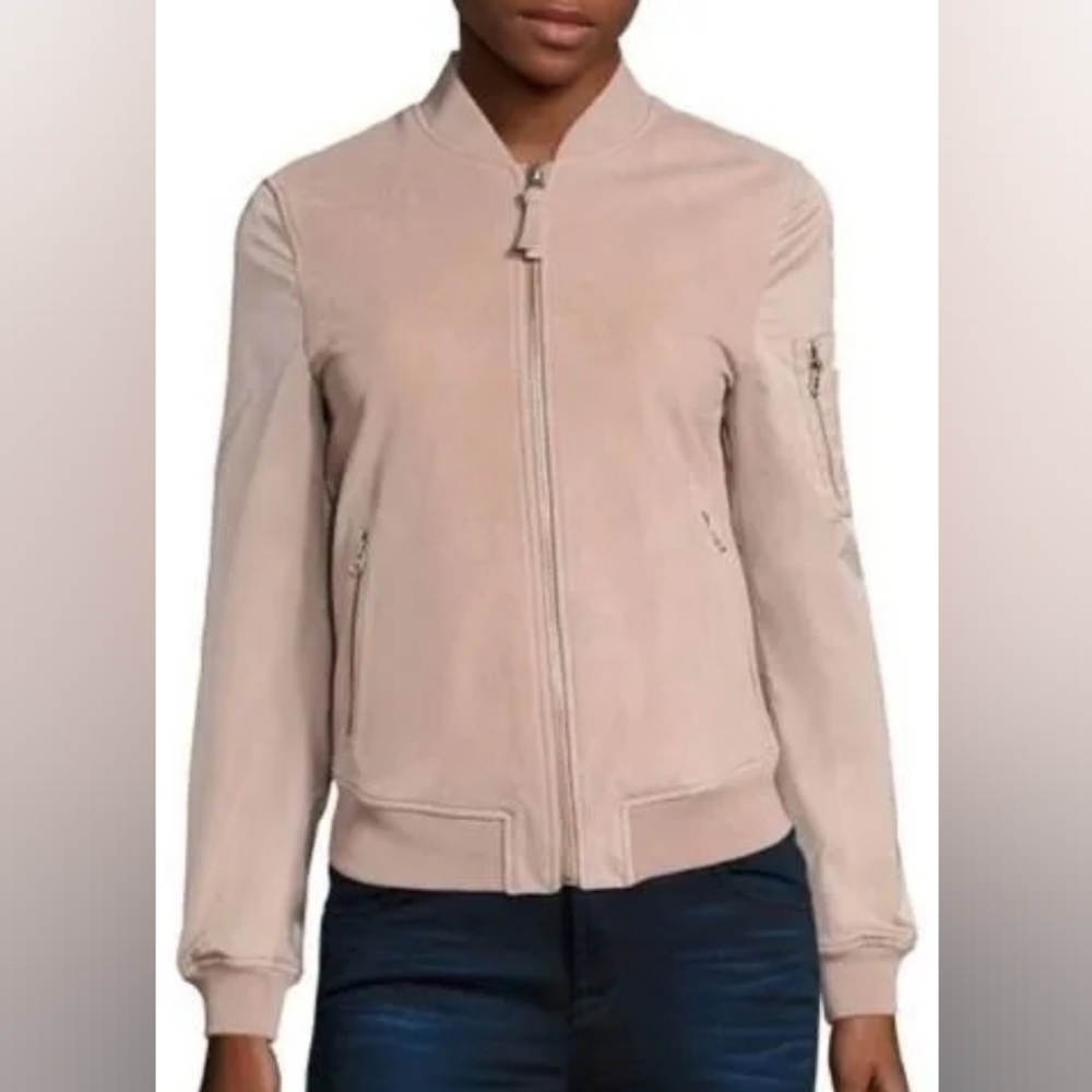 Package XXS Blush Pink genuine Suede Bomber Jacket, Like New, Vancouver Purchase
